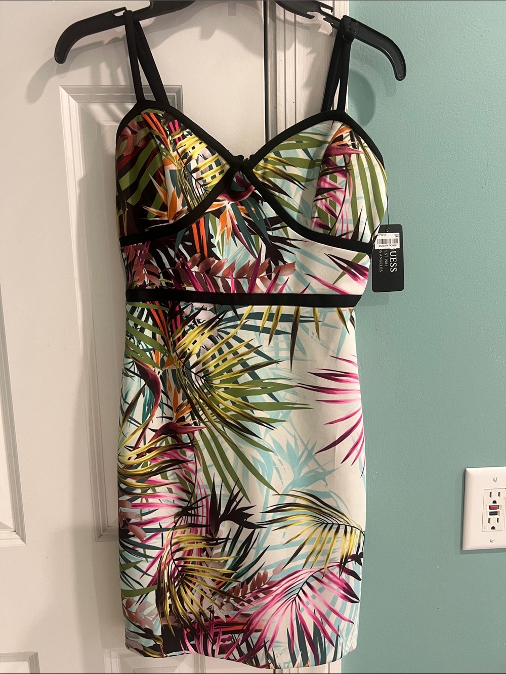 Guess Multicolor Tropical Palm Print Dress with Black Trim